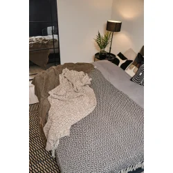 Plaid med frynser sort/hvid 130 x 170