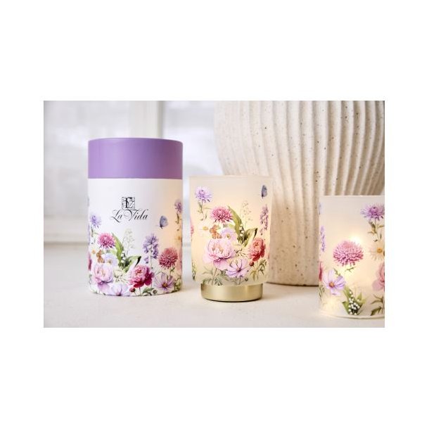 Glas m. LED - blomster og sommerfugl